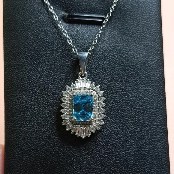 Blue Zircon and White Zircon Ballerina Halo Pendant Necklace 925 Sterling Silver - Picture 4 of 4